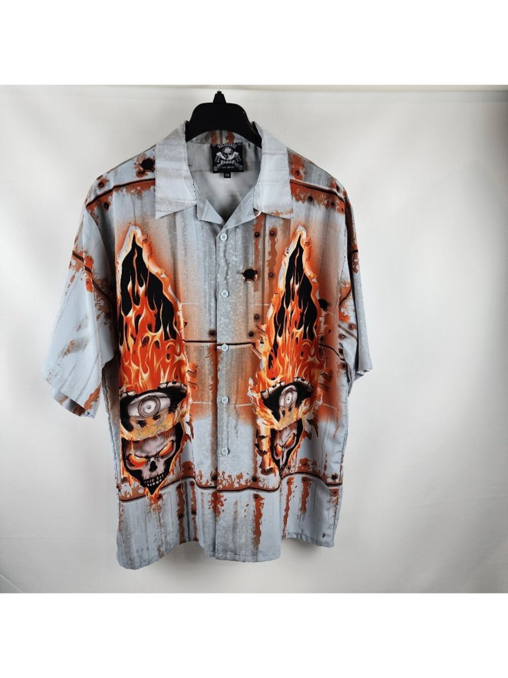 Rockhouse Roadhouse Shirt Mens 2XL Vintage Flames Skulls Biker Gray Button Up